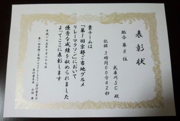 第1回京都ご当地グルメリレーマラソンの表彰状
